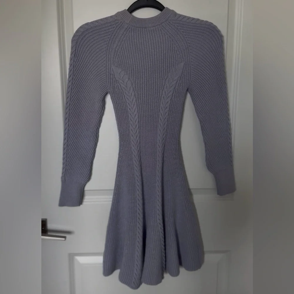 Anthropologie Gray Blue Cable-Knit Long Sleeve Fit-and-Flare Dress - Picture 2 of 6